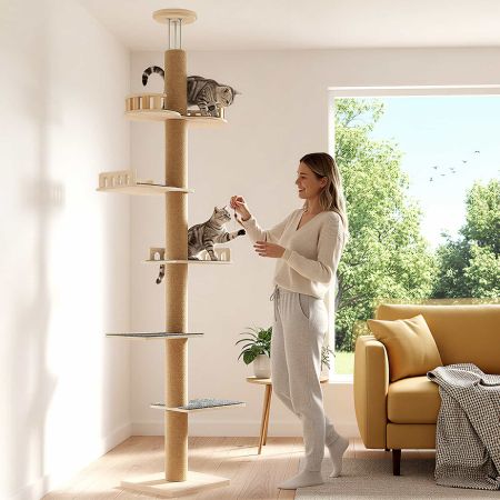 Veehoo Stable Adjustable Floor to Ceiling Cat Tree Beige Sales image7 Veehoo Stable Adjustable Floor to Ceiling Cat Tree Beige Sales image7