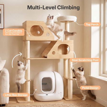 Veehoo Large Wood Cat Tree for Automatic Litter Box Beige Beds & Condos image5