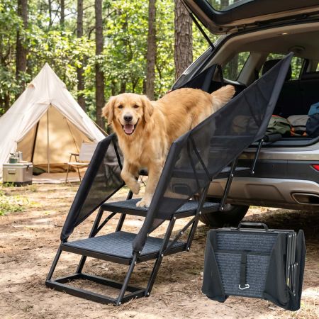 Veehoo Foldable Dog Stairs for Truck and SUV with Side Rails Black Steps & Ramps image2 Veehoo Foldable Dog Stairs for Truck and SUV with Side Rails Black Steps & Ramps image2