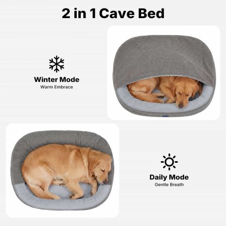 Veehoo 2-in-1 Covered Dog Cave Bed with Hooded Blanket Gray Cave Beds image2