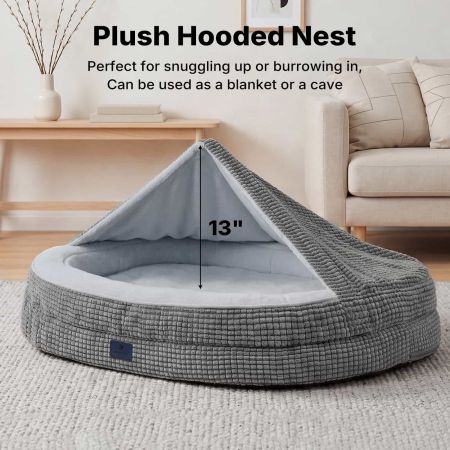 Veehoo 2-in-1 Covered Dog Cave Bed with Hooded Blanket Gray Cave Beds image3