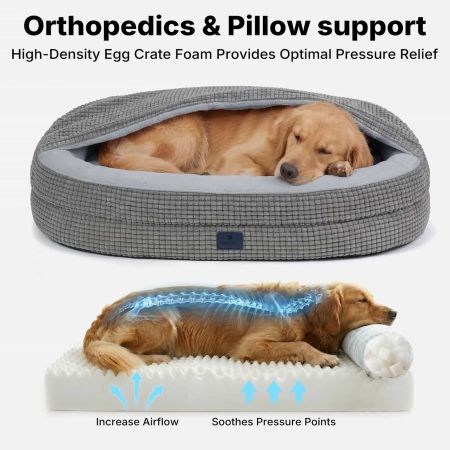 Veehoo 2-in-1 Covered Dog Cave Bed with Hooded Blanket Gray Cave Beds image5