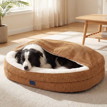 Veehoo 2-in-1 Covered Dog Cave Bed with Hooded Blanket Brown Cave Beds image1 Veehoo 2-in-1 Covered Dog Cave Bed with Hooded Blanket Brown Cave Beds image1