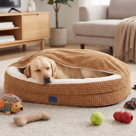 Veehoo 2-in-1 Covered Dog Cave Bed with Hooded Blanket Brown Cave Beds image9 Veehoo 2-in-1 Covered Dog Cave Bed with Hooded Blanket Brown Cave Beds image9