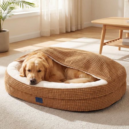 Veehoo 2-in-1 Covered Dog Cave Bed with Hooded Blanket Brown Bolster Beds image1