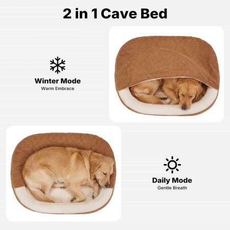 Veehoo 2-in-1 Covered Dog Cave Bed with Hooded Blanket Brown Bolster Beds image2