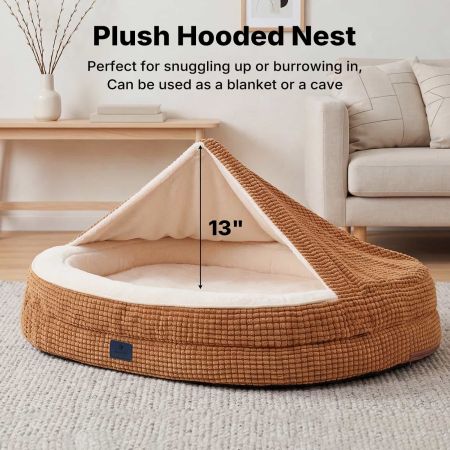 Veehoo 2-in-1 Covered Dog Cave Bed with Hooded Blanket Brown Bolster Beds image3