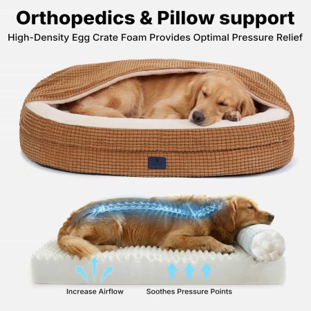 Veehoo 2-in-1 Covered Dog Cave Bed with Hooded Blanket Brown Bolster Beds image5