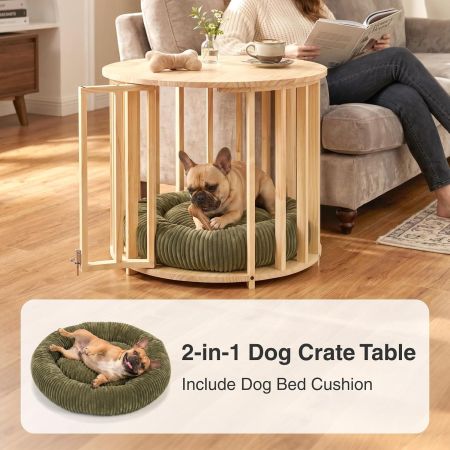 Veehoo Dog Crate Table with Pet Bed Beige Beds & Condos image2