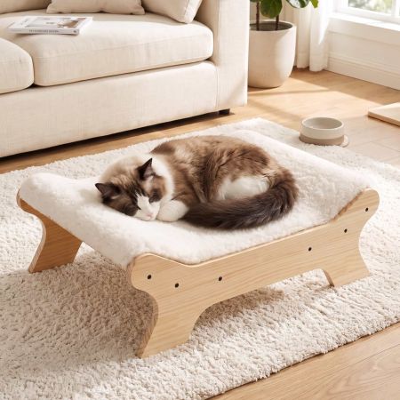 Veehoo Elevated Wooden Cat Bed for Cats and Small Dogs Cream White Elevated Beds image1
