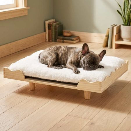 Veehoo Solid Wood Dog Bed with Plush Faux Fur Cushion image1