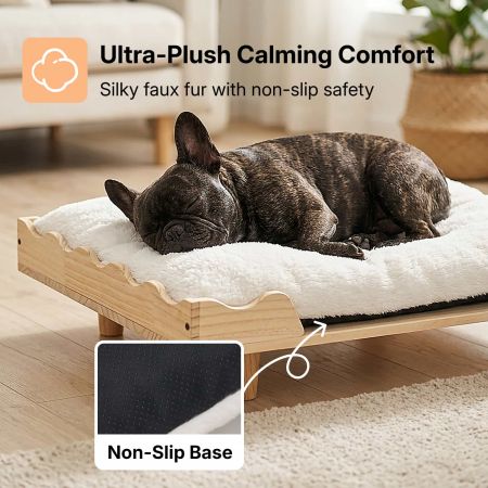 Veehoo Solid Wood Dog Bed with Plush Faux Fur Cushion Cream White Elevated Beds image3