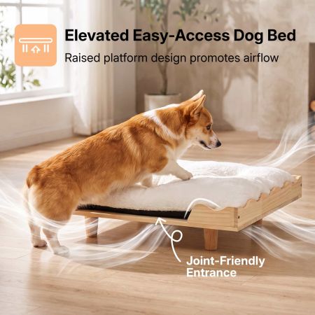 Veehoo Solid Wood Dog Bed with Plush Faux Fur Cushion Cream White Elevated Beds image5