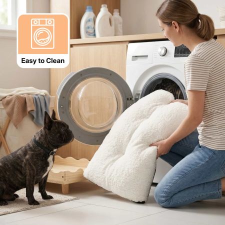 Veehoo Solid Wood Dog Bed with Plush Faux Fur Cushion Cream White Elevated Beds image7