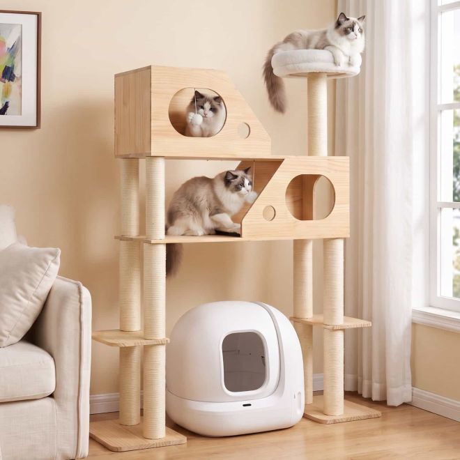 Veehoo Large Wood Cat Tree for Automatic Litter Box Scratchers & Trees image1