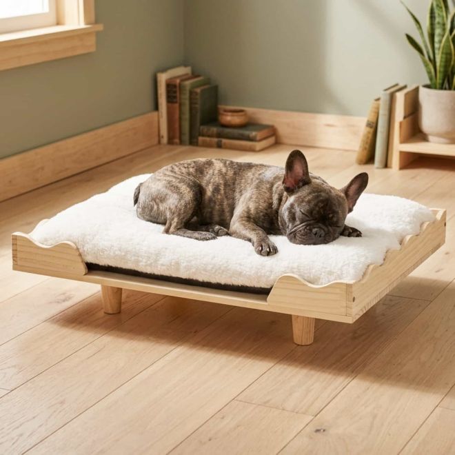 Veehoo Solid Wood Dog Bed with Plush Faux Fur Cushion image1